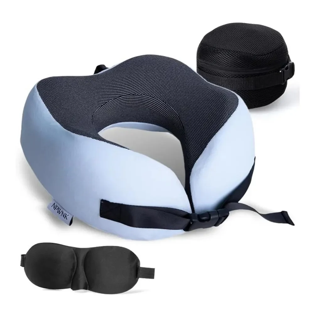 NPWNK Memory Foam Travel Neck Pillow w/ Eye Mask & Case – Grey/Blue